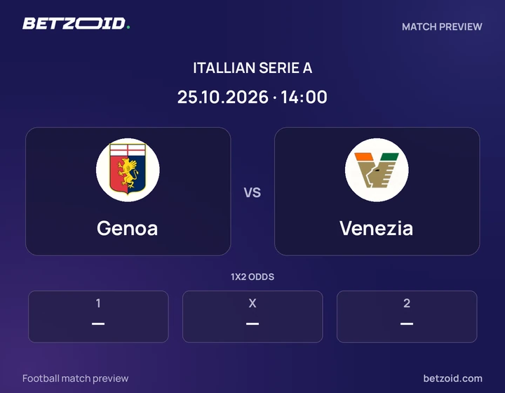 Genoa vs Venezia: Itallian Serie A match preview with team badges and kick-off details.