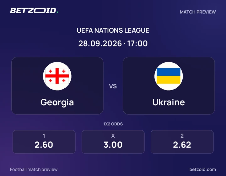 Georgia vs Ukraine: UEFA Nations League match preview with team badges and kick-off details.