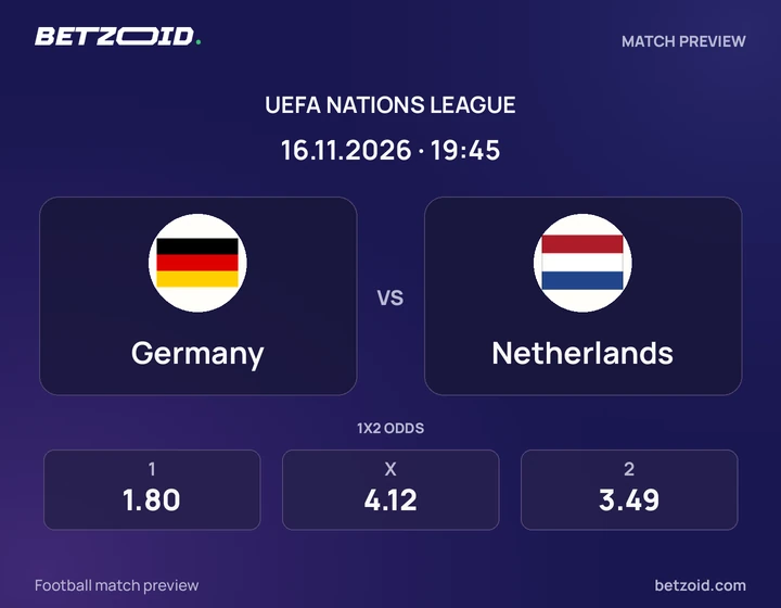 Deutschland – Netherlands: Spielvorschau zum Wettbewerb Nations League mit Teamlogos und Anstoßzeit.