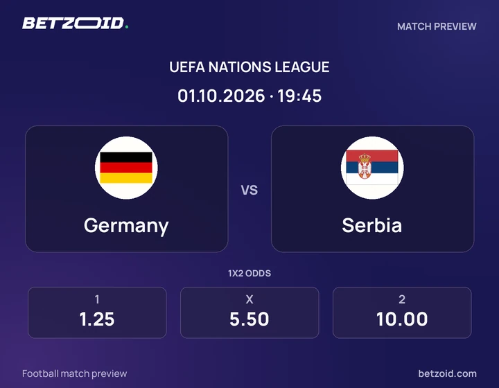 Germany vs Serbia: UEFA Nations League match preview with team badges and kick-off details.