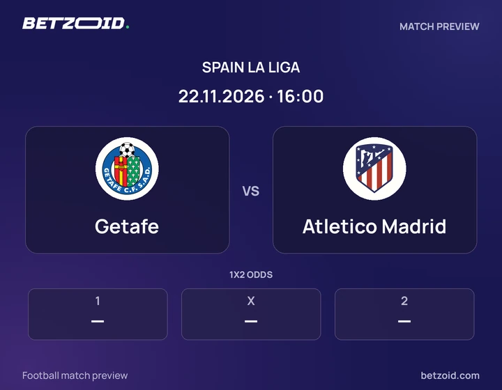 Getafe - Atletico Madrid Getafe vs Atletico Madrid: Spain La Liga match preview with team badges and kick-off details.