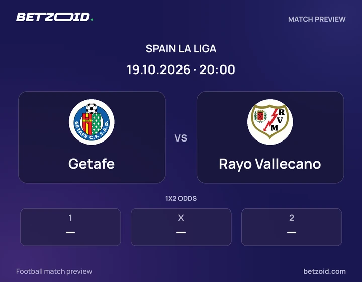 Getafe vs Rayo Vallecano: Spain La Liga match preview with team badges and kick-off details.