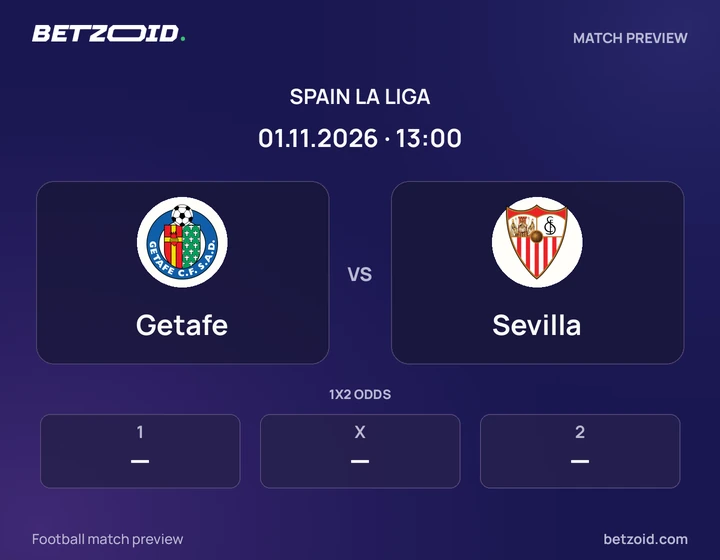 Getafe vs Sevilla: Spain La Liga match preview with team badges and kick-off details.