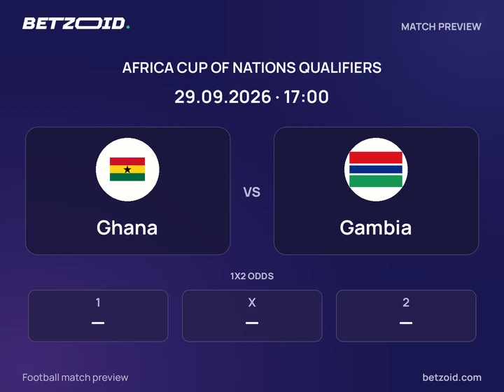 Ghana vs Gambia: Africa Cup of Nations Qualifiers match preview with team badges and kick-off details.