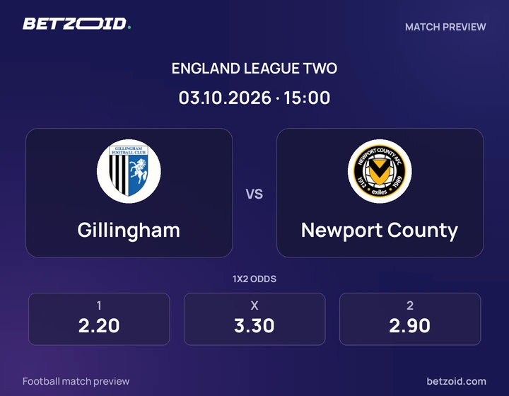 Gillingham vs Newport County: England League Two match preview with team badges and kick-off details.