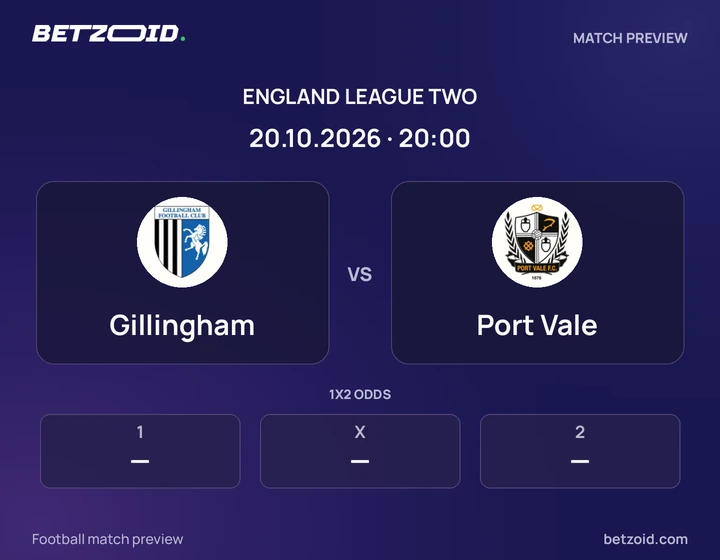 Gillingham vs Port Vale: England League Two match preview with team badges and kick-off details.
