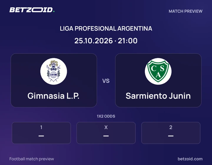 Gimnasia L.P. vs Sarmiento Junin: Liga Profesional Argentina match preview with team badges and kick-off details.