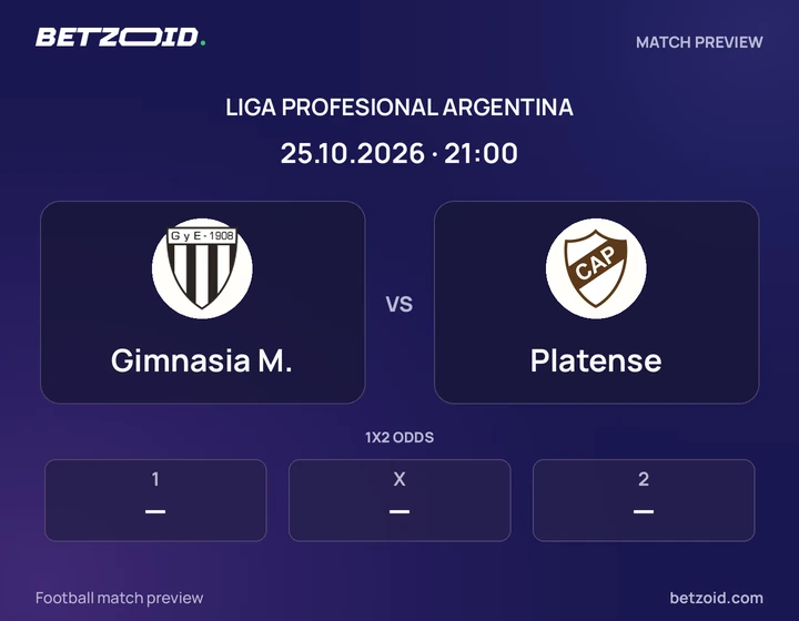 Gimnasia M. vs Platense: Liga Profesional Argentina match preview with team badges and kick-off details.