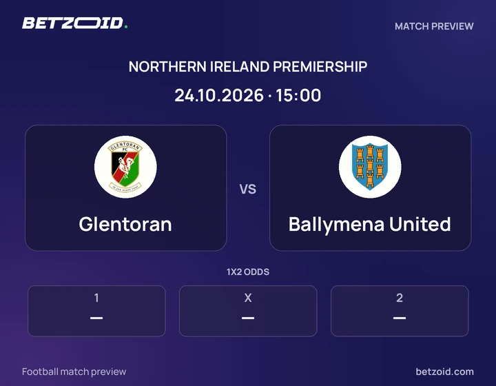 Glentoran vs Ballymena United: Northern Ireland Premiership match preview with team badges and kick-off details.