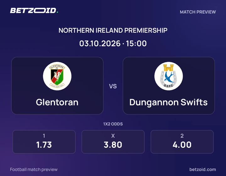 Glentoran - Dungannon Swifts Glentoran vs Dungannon Swifts: Northern Ireland Premiership match preview with team badges and kick-off details.