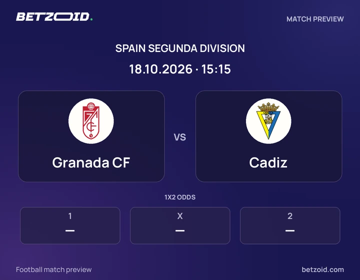 Granada CF vs Cadiz: Spain Segunda Division match preview with team badges and kick-off details.