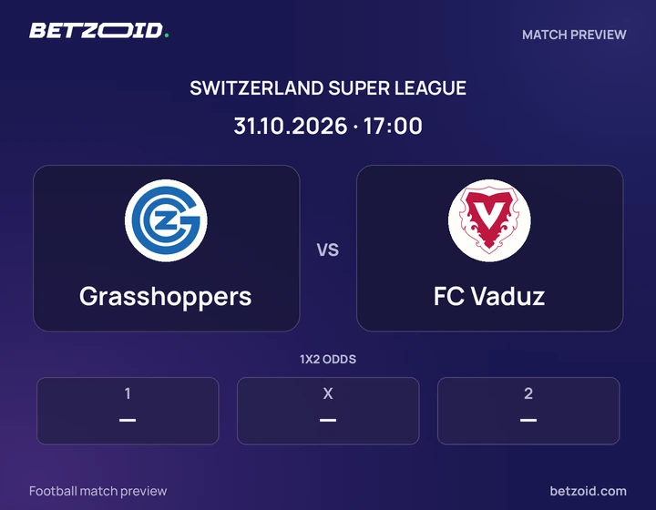 Grasshoppers vs FC Vaduz: Switzerland Super League match preview with team badges and kick-off details.