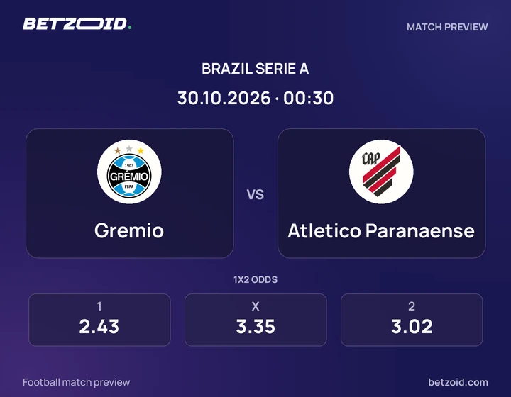 Gremio - Atletico Paranaense Gremio vs Atletico Paranaense: Brazil Serie A match preview with team badges and kick-off details.