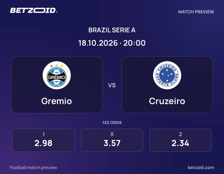 Gremio x Cruzeiro Gremio x Cruzeiro: prévia do jogo de Brasileirão Série A, com escudos e informações da partida.