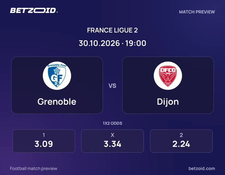 Grenoble - Dijon Grenoble vs Dijon: France Ligue 2 match preview with team badges and kick-off details.