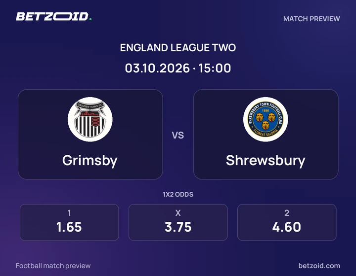 Grimsby vs Shrewsbury: England League Two match preview with team badges and kick-off details.