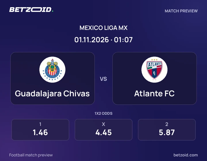 Chivas vs. Atlante FC Chivas vs. Atlante FC: previa del partido de Liga MX, con escudos y datos del encuentro.