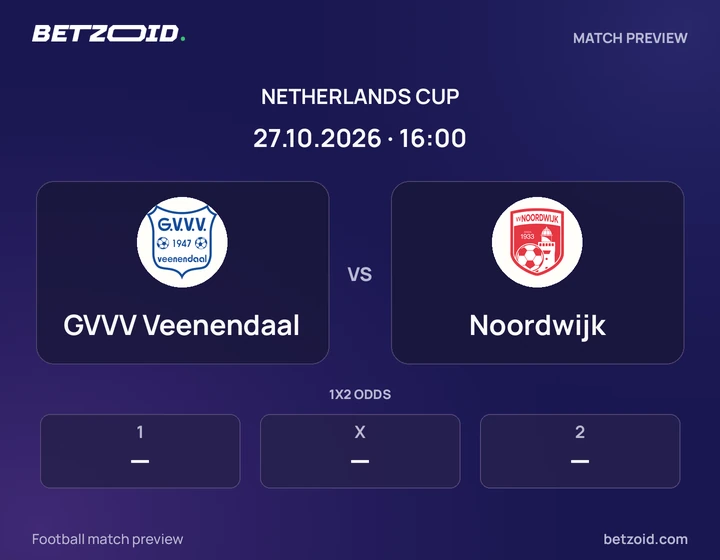GVVV Veenendaal vs Noordwijk: Netherlands Cup match preview with team badges and kick-off details.