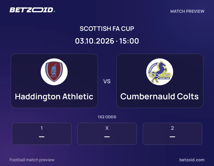 Haddington Athletic vs Cumbernauld Colts: Scottish FA Cup match preview with team badges and kick-off details.