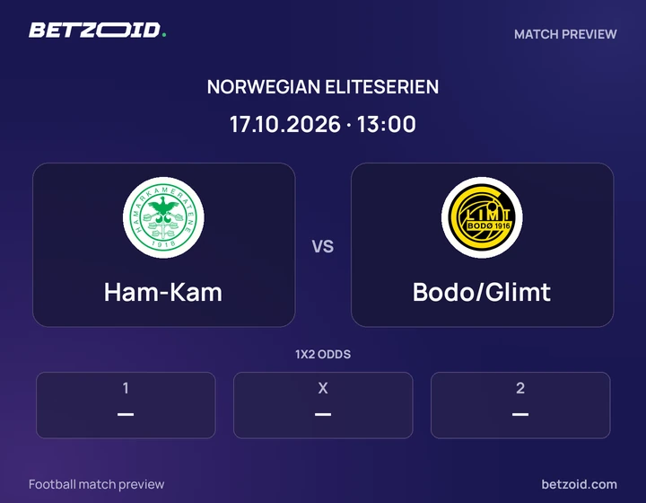Ham-Kam vs Bodo/Glimt: Norwegian Eliteserien match preview with team badges and kick-off details.