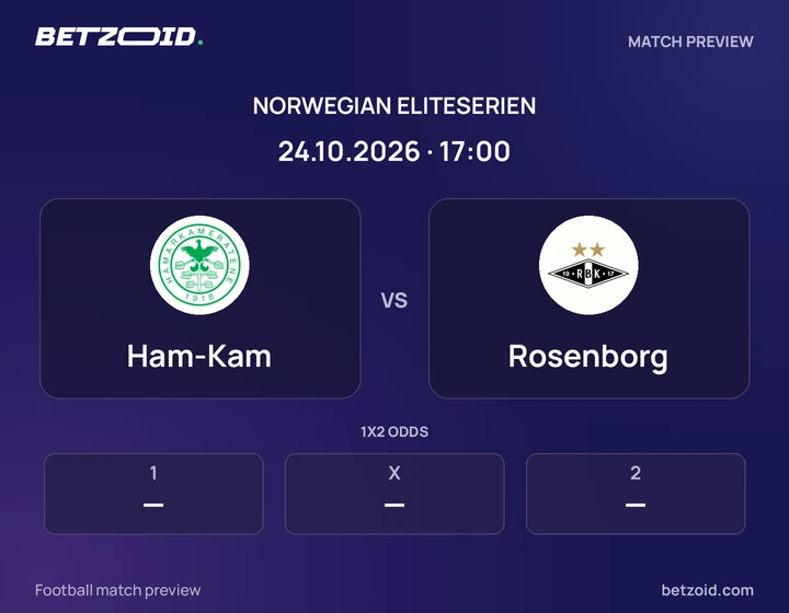 Ham-Kam vs Rosenborg: Norwegian Eliteserien match preview with team badges and kick-off details.