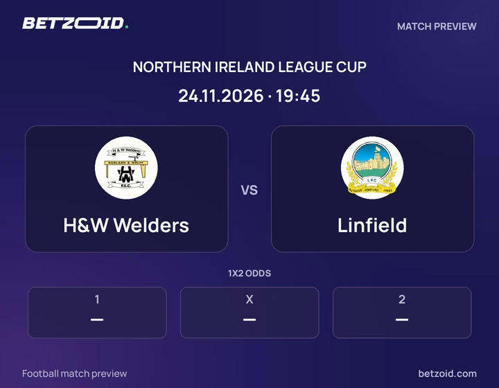 H&W Welders vs Linfield: Northern Ireland League Cup match preview with team badges and kick-off details.