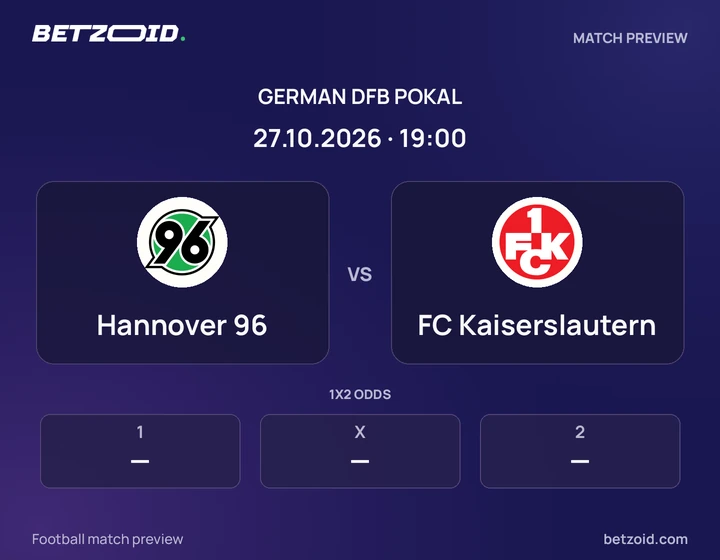 Hannover 96 vs FC Kaiserslautern: German DFB Pokal match preview with team badges and kick-off details.
