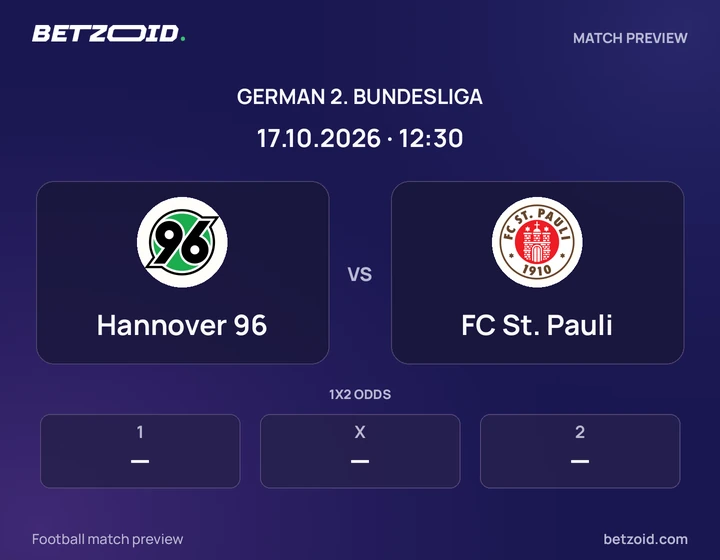 Hannover 96 vs FC St. Pauli: German 2. Bundesliga match preview with team badges and kick-off details.