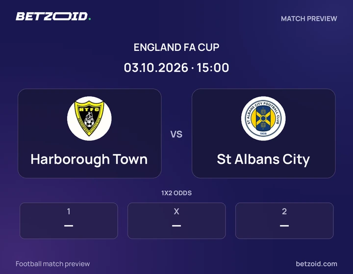 Harborough Town - St Albans City Harborough Town vs St Albans City: England FA Cup match preview with team badges and kick-off details.
