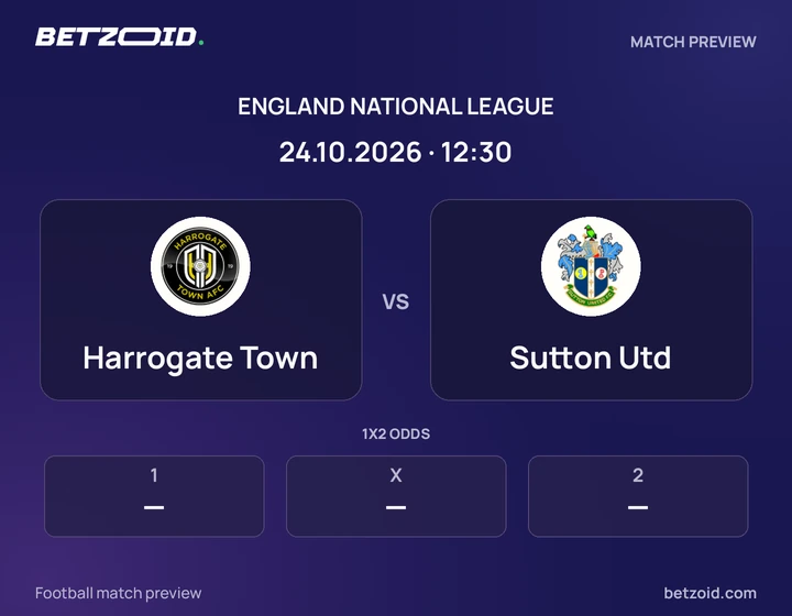 Harrogate Town vs Sutton Utd: England National League match preview with team badges and kick-off details.