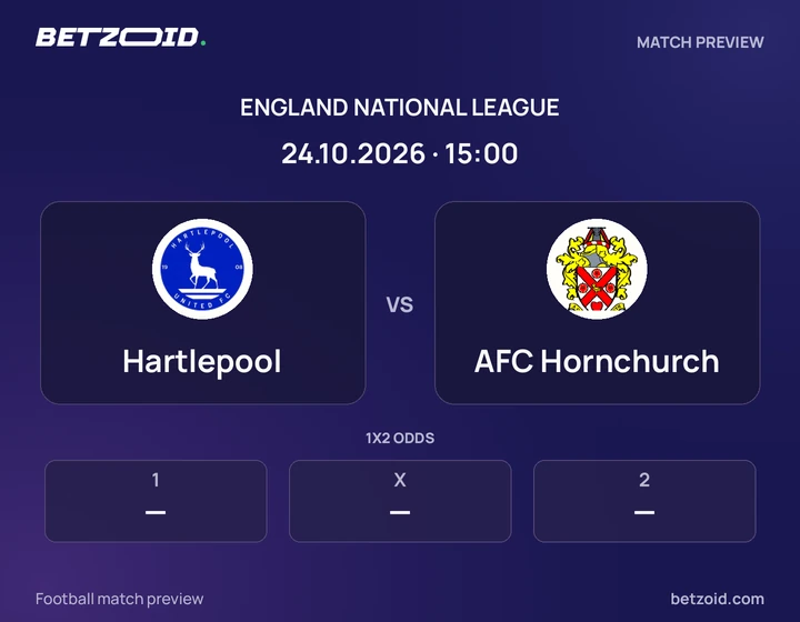 Hartlepool vs AFC Hornchurch: England National League match preview with team badges and kick-off details.