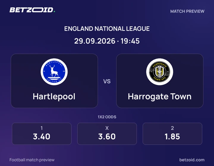 Hartlepool - Harrogate Town Hartlepool vs Harrogate Town: England National League match preview with team badges and kick-off details.