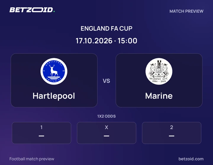 Hartlepool vs Marine: England FA Cup match preview with team badges and kick-off details.