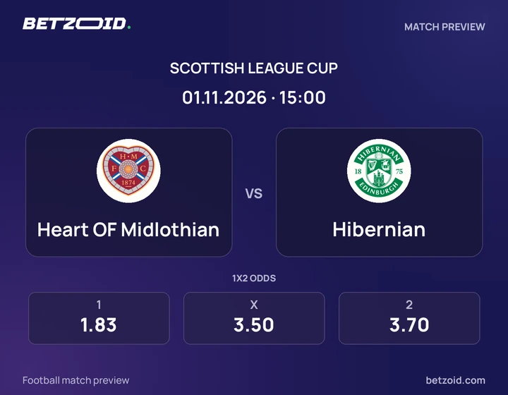 Heart OF Midlothian - Hibernian Heart OF Midlothian vs Hibernian: Scottish League Cup match preview with team badges and kick-off details.