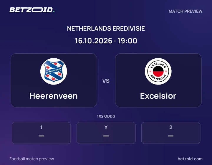 Heerenveen vs Excelsior: Netherlands Eredivisie match preview with team badges and kick-off details.