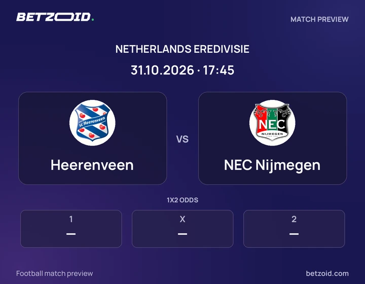 Heerenveen vs NEC Nijmegen: Netherlands Eredivisie match preview with team badges and kick-off details.