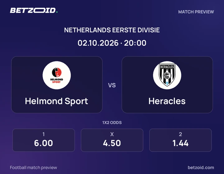 Helmond Sport vs Heracles: Netherlands Eerste Divisie match preview with team badges and kick-off details.