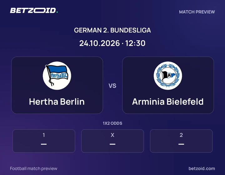 Hertha Berlin vs Arminia Bielefeld: German 2. Bundesliga match preview with team badges and kick-off details.