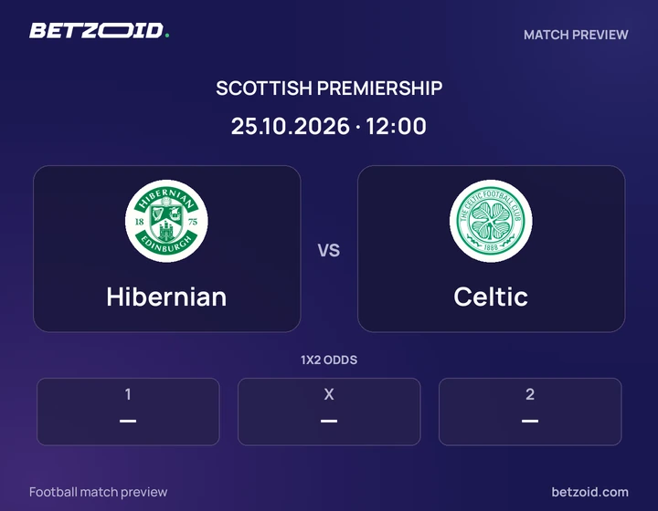 Hibernian vs Celtic: Scottish Premiership match preview with team badges and kick-off details.