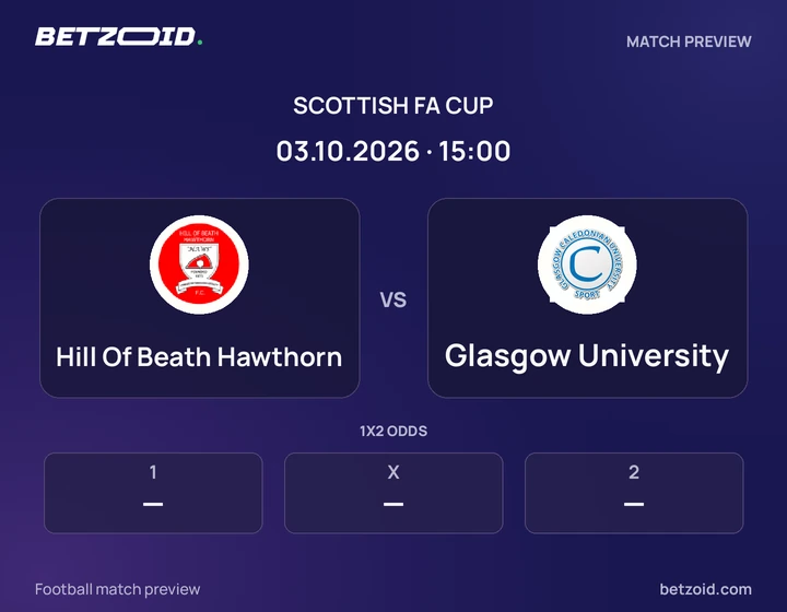 Hill Of Beath Hawthorn vs Glasgow University: Scottish FA Cup match preview with team badges and kick-off details.