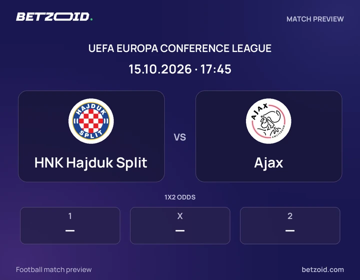HNK Hajduk Split - Ajax HNK Hajduk Split vs Ajax: UEFA Europa Conference League match preview with team badges and kick-off details.