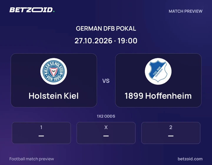 Holstein Kiel vs 1899 Hoffenheim: German DFB Pokal match preview with team badges and kick-off details.