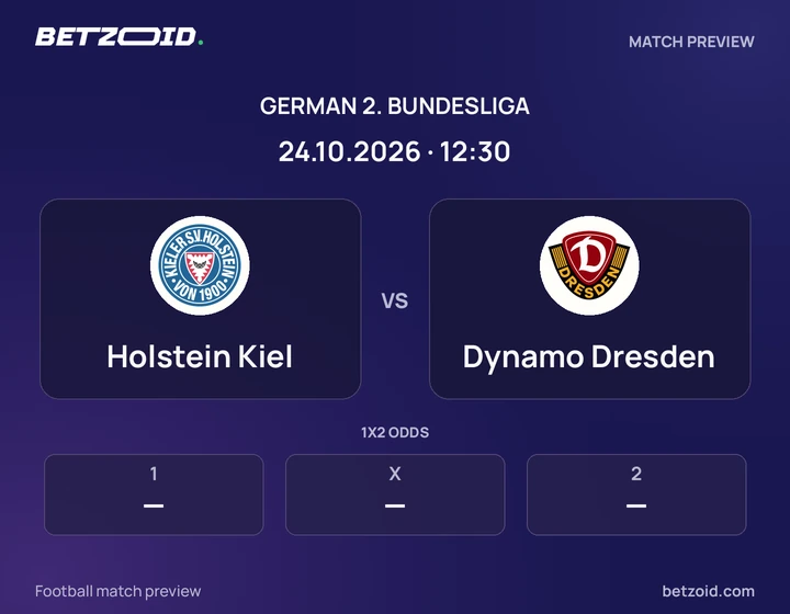Holstein Kiel vs Dynamo Dresden: German 2. Bundesliga match preview with team badges and kick-off details.