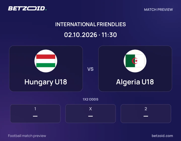 Hungary U18 - Algeria U18 Hungary U18 vs Algeria U18: International Friendlies match preview with team badges and kick-off details.