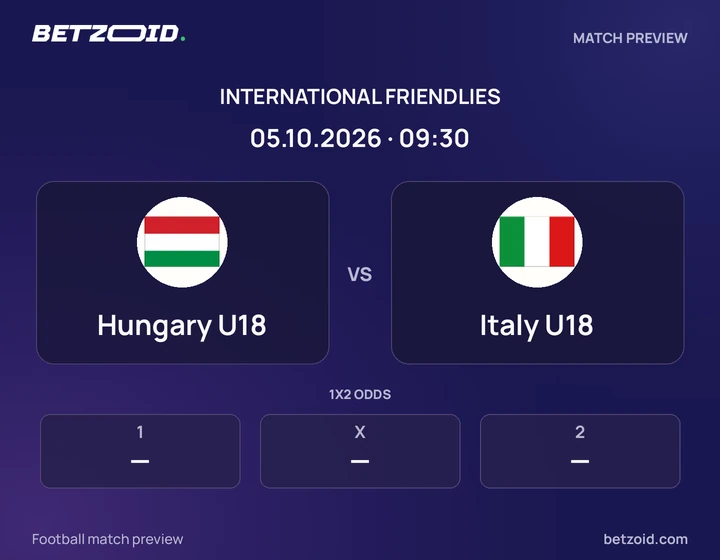 Hungary U18 vs Italy U18: International Friendlies match preview with team badges and kick-off details.