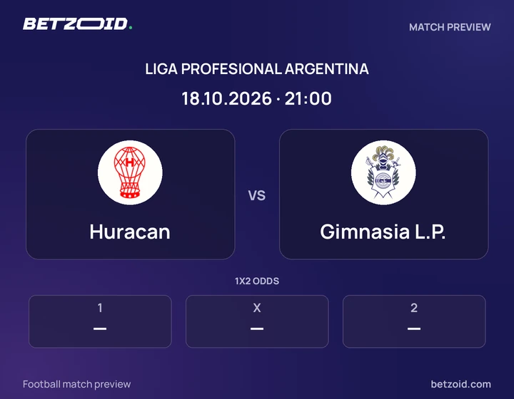 Huracan vs Gimnasia L.P.: Liga Profesional Argentina match preview with team badges and kick-off details.
