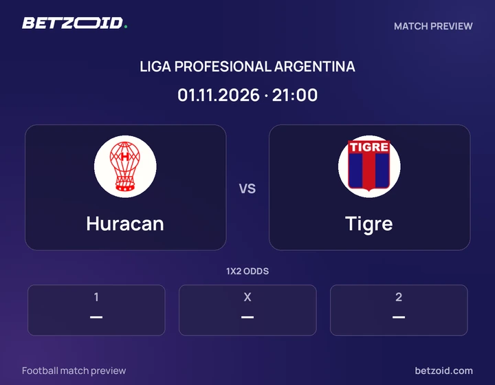 Huracan - Tigre Huracan vs Tigre: Liga Profesional Argentina match preview with team badges and kick-off details.