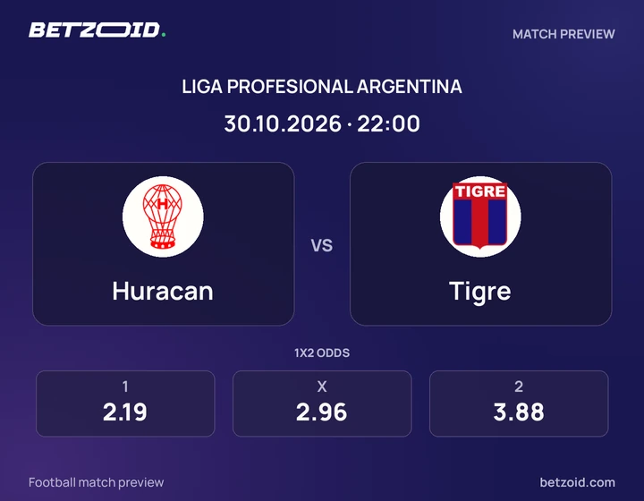 Huracan - Tigre Huracan vs Tigre: Liga Profesional Argentina match preview with team badges and kick-off details.