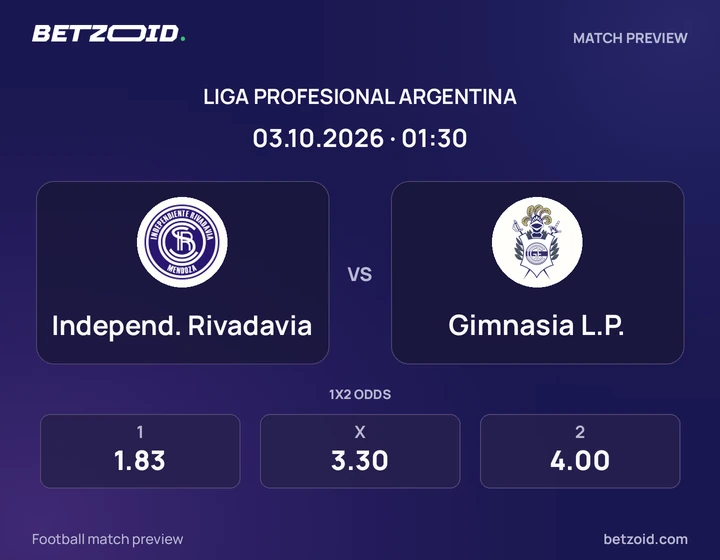 Independ. Rivadavia - Gimnasia L.P. Independ. Rivadavia vs Gimnasia L.P.: Liga Profesional Argentina match preview with team badges and kick-off details.