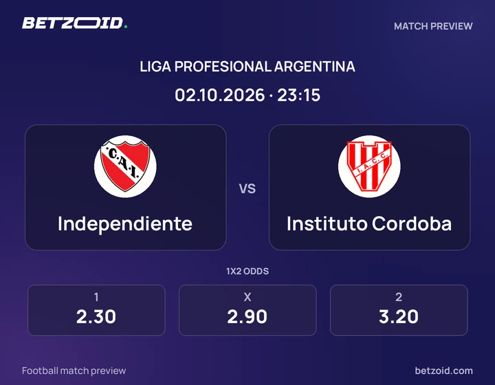 Independiente vs Instituto Cordoba: Liga Profesional Argentina match preview with team badges and kick-off details.